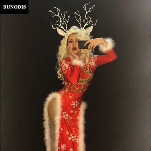 ZD396 Christmas Style(Without Headwear) Women Sexy Red Long White Fluff Cheongsam Nightclub Party Stage Wear Dancer Singer