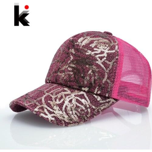 Womens Sequins Flashes 5 Panel Trucker Cap Hip Hop Sun Breathable Mesh Hat Summer Baseball Hats For Women Gorras