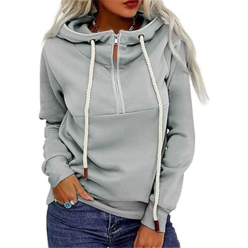 Womens Casual Hoodie Solid Color Long Sleeve Hooded Sweatshirt with Zipper Spring Autumn Ladies Loose Pullver Blouse Top