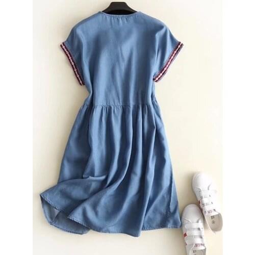 Short Sleeve Floral Embroidery Jeans Dress Female Summer New O-Neck Casual Cowboy Midi Dress Blue Loose Fit Denim Vestido