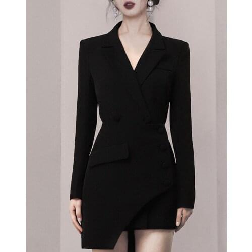 LLZACOOSH Women Black Notched Bodycon Party Dress New Runway Spring Long Sleeve Single Breasted Irregular Female Office OL Dress