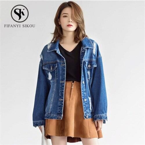 2019 Fashion Denim jacket Female Single Breasted Pocket Ripped Jeans jacket women Loose Casual Washed Basic Denim coat Plus size