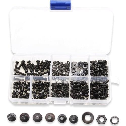 300PCS M3*4/5/6/8/10/12 Black Round Hexagon Screw Bolts Nuts Flat Washers Spring Box Kit