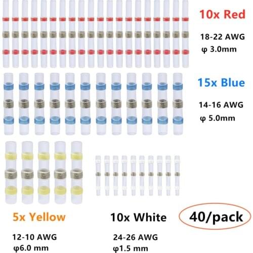 40Pcs Soldering Seal Sleeve Heat Shrink Wire Crimp Terminals Connectors Waterproof 4 Size Kit Assortment 10-26AWG
