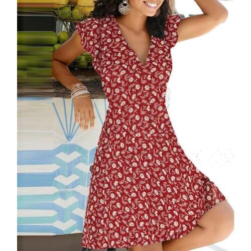 80% HOT SALES!!! Women Dress V Neck Skin-friendly Polyester Floral Print Sundress for Beach