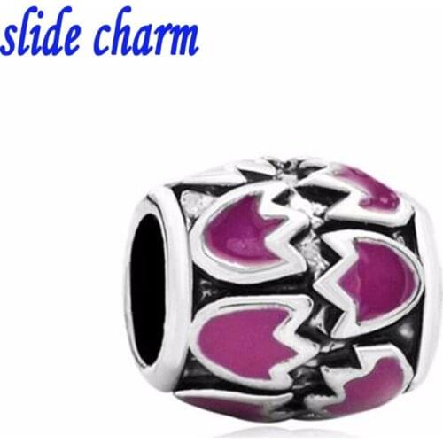 Slide charm Free shipping Fashion personality crystal gifts Purple Rose pattern enamel charm beads fit Pandora bracelet