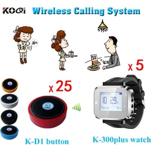 Wireless Table Call Service System With 25 Buttons and 5 Wrist Watches Pager