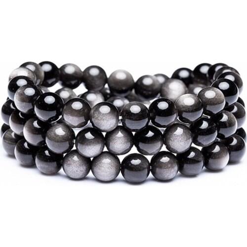 Natural Silver Obsidian Bracelet Jewelry For Women Man Good Luck Gift Energy Crystal 3 Laps Round Beads Stone Stretch 6mm 8mm
