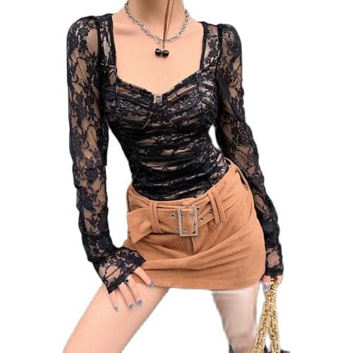 Hot sale 2021 Lace Patchwork Women Long Sleeve Crop Top Square Collar Ruched Bodycon Sexy Party Elegant 2021 Spring Summer