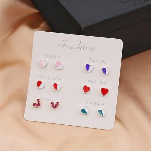 HTZZY 2021 New Fashion Earrings for Women Jewelry Color Matching Crystal Heart-shaped Korean Earrings 6 Pairs Set with Card