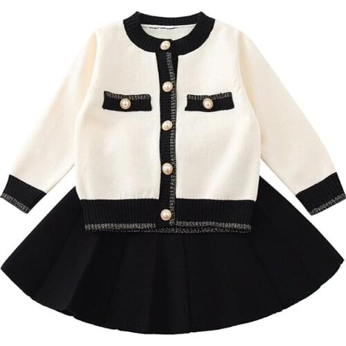 DFXD Kids Girl Knitted Skirt Set Spring Autumn Long Sleeve Cardigan Sweater Coat+Pleated Skirt 2pcs Princess Suit Kids Sets 2-7Y