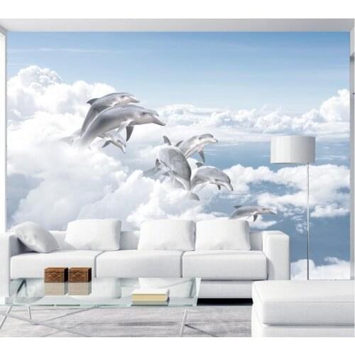 3d wall murals wallpaper for walls 3 d photo wallpaper Blue sky and white clouds and sea dolphins background wall living room