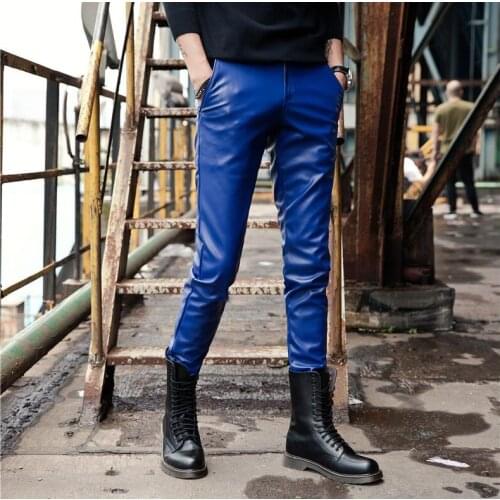 Autumn winter fashion personality fashion motorcycle faux leather pants mens feet pants pu trousers for men pantalon homme blue