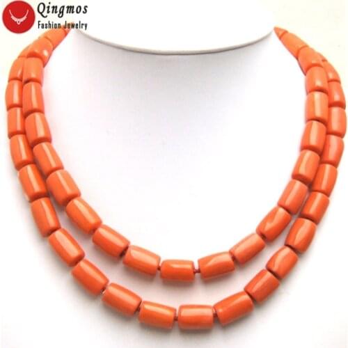 Qingmos 2 Strands Thick Slice Natural Orange Coral Necklace for Women with Genuine 10-12mm Coral Chokers Necklace 19" Red Clasp