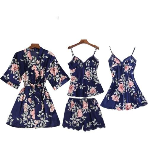 4PCS Pajamas Sleep Set Women Nightwear V-Neck Lace Sleepwear Sexy Nightie Bathrobe Wear Home Suit Negligee Spring Robe Gown