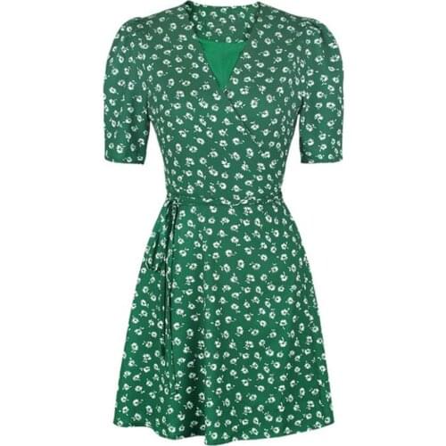 French srtyle summer vintage floral printed dress women v-neck short sleeve lace up chiffon dress a-line