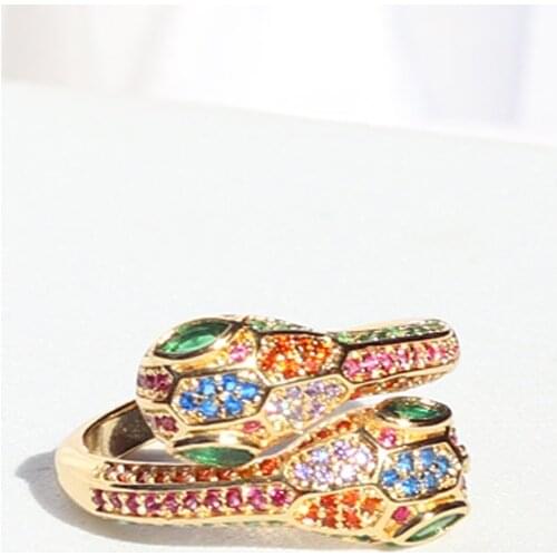 Adjustable Colorful Initial Ring Bohemian 18K Gold Copper Zircon Rainbow Snake Rings for Women Girls Party Wedding Jewelry Gift