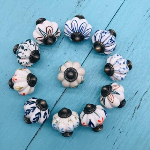 Single Hole Knobs White & Blue Pumpkin Shape Furniture Cabinet Knobs And Handles Drawer Ceramic Knobs For Furniture Kitchen