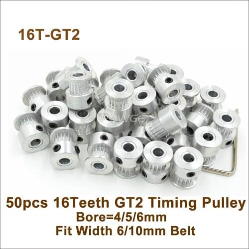 POWGE 50pcs 16 Teeth 2GT Timing Pulley Bore 4/5/6mm Fit Width=6/10mm 2GT Synchronous Belt 16T 16Teeth GT2 Timing Belt Pulley