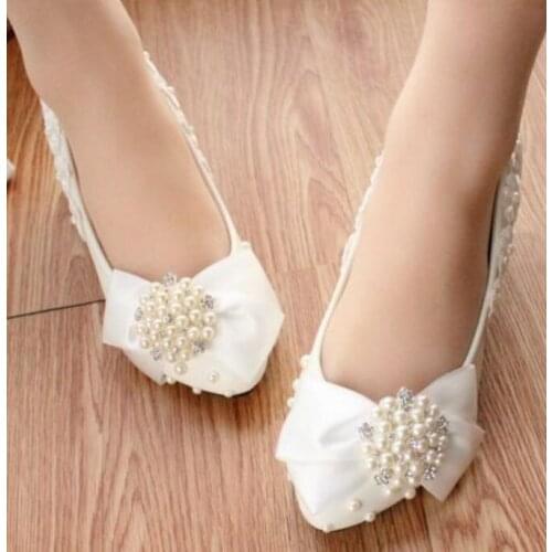 Riband butterfly-knot wedding shoes women handmade big pearl rhinestones lace flowers brides shoes lady ribbons bridesmaid shoe
