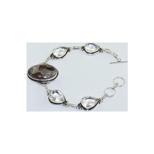 Turtilla Jaspers & White Topas Silver Overlay on Copper Bracelet , 22.6 cm, B1776