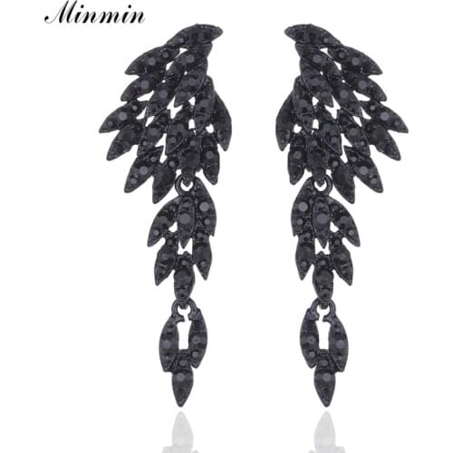 Minmin Black Crystal Drop Dangle Earrings for Women 2019 Vintage Rhinestone Feather Long Earrings Fashion Jewelry for Girl EH209