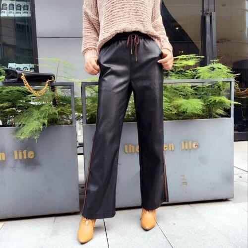 Women PU Leather Pants Loose Wide leg pants Women Elastic Waist Ankle Length Straight Pants Slim Faux Leather Trousers Female