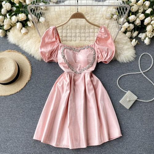 2021 Summer Fashion Temperament Vestidos Womens Square Collar Beaded Diamond Love Slim Puff Sleeve Mini Dress DK467