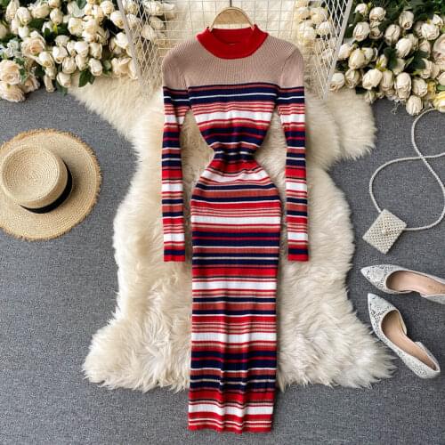 Women Stripe Knitted Sheath Dress Autumn O Neck Long Sleeve Elastic Slim Pencil Dresses Fashion Warm Bodycon Sweater Dress
