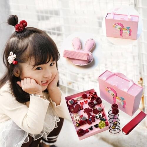 24pcs/set Hairpin Cute Suit Girls Bowknot Children Fabric Barrettes Clips Hairband Storage Belt Party Hair Accessories Gift Box