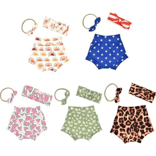 3 Pcs Baby Summer Print Shorts Headband Set Short Trouser Knotted Bowknot Hair Band Newborn Infants Shower Gifts