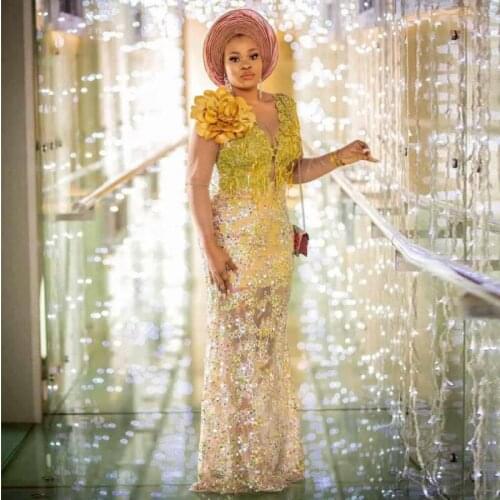 Aso Ebi Style Gold Prom Dresses Lace Appliques Beads Sheer Sleeves Evening Gowns See Through Floor Length Robe De Soiree