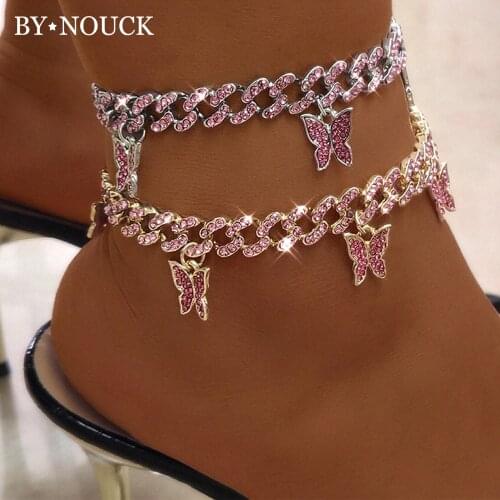Iced Out Hiphop Crystal Cuban Link Anklets For Women Wholesale Shiny Butterfly Pendant Chunky Metal Ankle Chain Foot Jewelry New