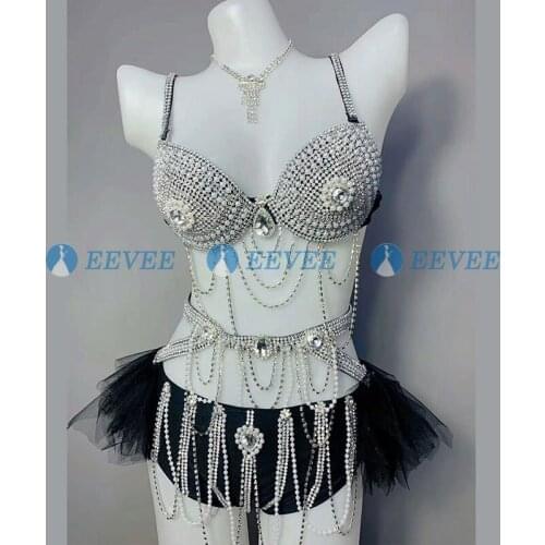 White Black Full diamond pearl Bikini Tutu Skirt Suit Festival Bar nightclub Party Female Singer Performance Stage Wear