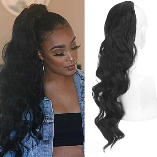 DIANQI Long Wavy Ponytail Hair Synthetic Drawstring Ponytail Clip in Hairpiece Black Heat Resistant Ponytail for Black Women