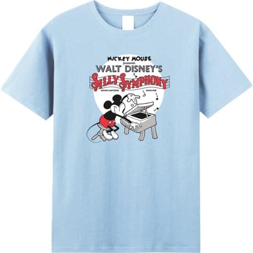 Disney Funny Anime Graphic Mens T Shirts Mickey Mouse Play Piano Men T-Shirts New Summer Comfortable Tops Cotton Fashion Tees