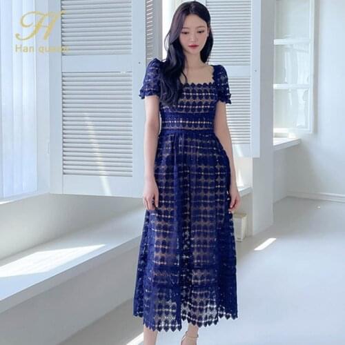 H Han Queen Summer New Sexy Hollow Out Long Dresses Womens A-Line Slim Evening Party Dress Korean Simple Elegant Lace Vestidos
