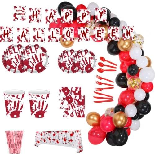 Halloween Party Disposable Tableware Decor Paper Plates Cups Bloody Hand Theme Balloons Banners for Party Decoration Supplies