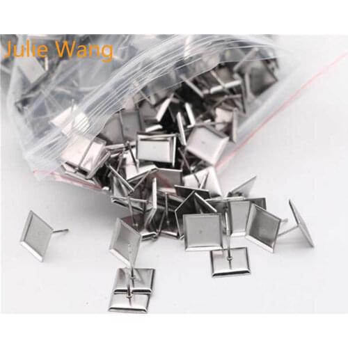 Julie Wang 50PCS Stainless Steel 10mm Square Stud Earring Cabochon Base Settings Blank Tray Earrings Jewelry Making Accessory