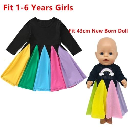 Doll and Girl Matching Black Long Sleeve Crew Neck Color Contrast Rainbow Dress for Girls and 18" American Dolls Clothes