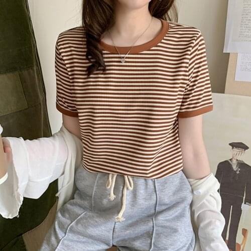 LJSXLS New Striped Cotton Women T-shirt Casual O-Neck Short Sleeve T-shirts Female Korean All-match Womens Clothing Summer 2021