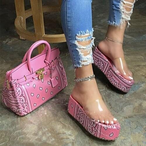 LLOGAI 2021 Femmes Sandales Bandana Print Platform Heels Sandals Women Wedge Shoe Clear Band Slippers for Summer Sandalias Mujer