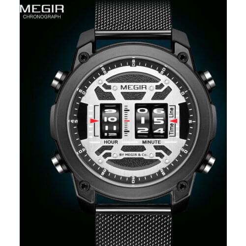 MEGIR Drum Roller Watch for Men Fashion Mesh Strap Sport Watches Waterproof Army Wristwatch montre часы reloj relogio orologi
