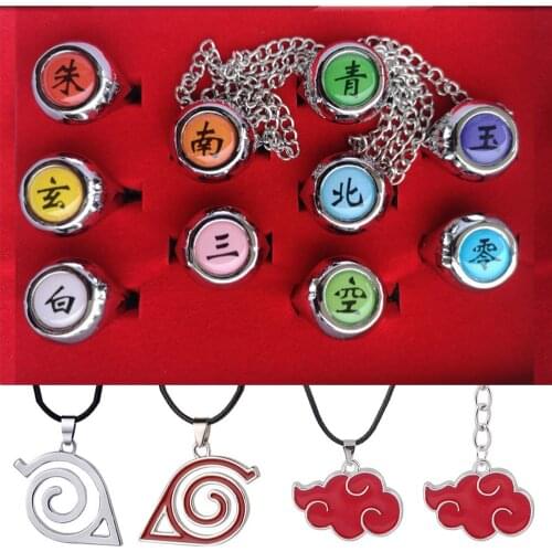 Set Anime Naruto Rings Figure Necklace Bandai Akatsuki Itachi Metal Jewerly Cosplay Accessory Kawaii Fashion Boy Kids Cool Gifts