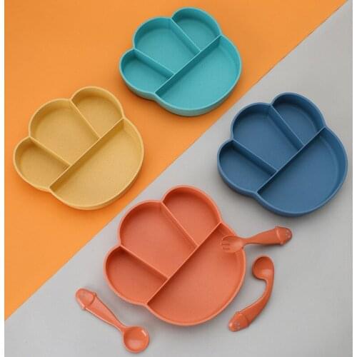 4Pcs/Set Wheat Straw Baby Tableware Set Kids Dinner Dishes Portable Children Baby Feeding Divider Plate Training Bowl Spoon Fork