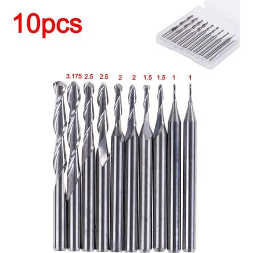 10pcs End Milling Cutter Set Shank Carbide Ball Nose 1mm-3.175mm 2 Flutes 1/8 Inch CNC Cutting Tool End Mills For Wood Working