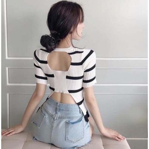 New Summer Womens Knitting Striped Tops Female Backless Knitted Short sleeves Sweater Tee shirts For Women G339
