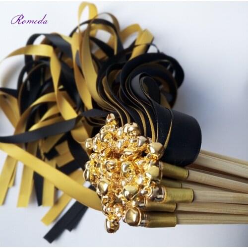 New Arrived 50pcs/lot golden & black stain ribbon wedding stick wands With gold Bells for wedding party