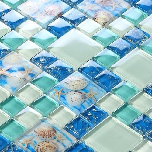 NEW Blue crystal glass mixed resin sea shell MD-BS1201 Bathroom Shower Kitchen backsplash hallway wall tile