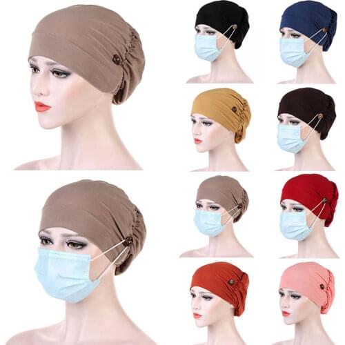 Solid Color Muslim New Button Imitation Le Muslim Bottom Cap Turbantes For Women Muslim Head Wrap Hat Caps Headscarf Turban Cap
